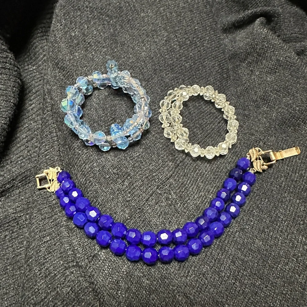 Three Vintage Crystal Bead Bracelets Lapis Blue Light Blue Clear Crystal Small